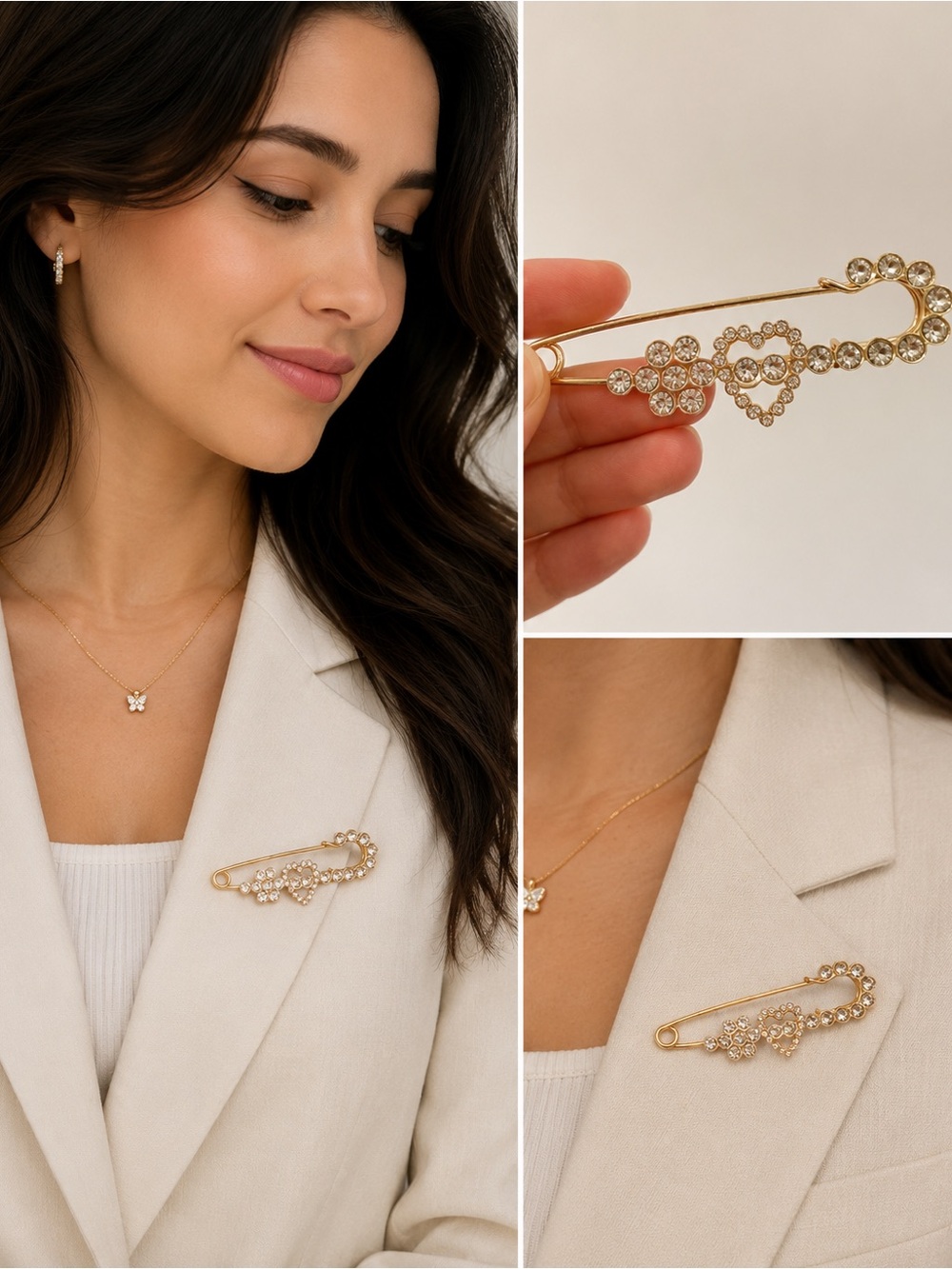 Gold and Clear Crystal Heart Safety-Pin Brooch